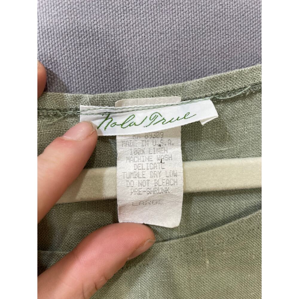 Y2K Vintage 100% Linen Sage Green & Cream Lace Knee Length Tent Dress Large - Picture 3 of 4